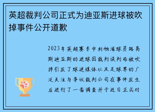 英超裁判公司正式为迪亚斯进球被吹掉事件公开道歉